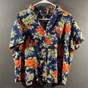 linen hawaiian embroidered eyelet lace‎ Floral top L Button Up coastal relaxed